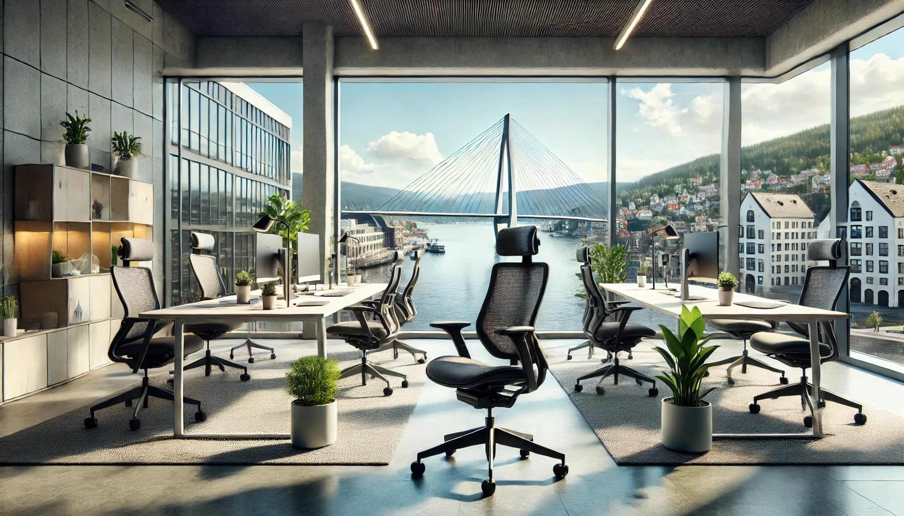 Bilde av moderne og ergonomisk kontorstol i et kontorlandskap i Drammen. Utsikt over Ypsilon og Drammenselva. Kontor Konsult leverer kostnadsfritt. Bildet er AI generert