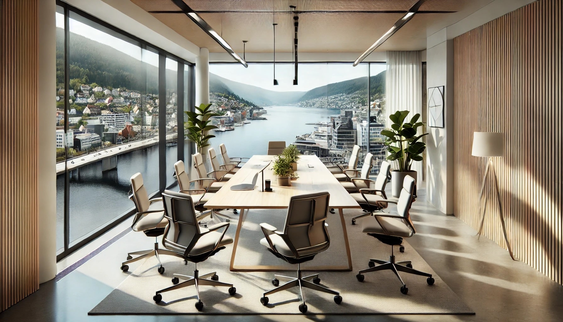 Bilde av moderne møtebord, med moderne kontorstoler sentralt i Drammen. Kontor Konsult, Hev & Senk skrivebord. Bildet er AI generert.