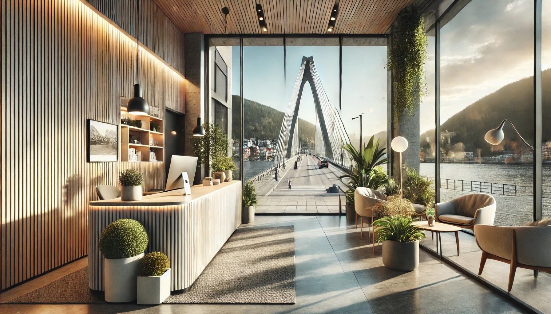 Bilde av en moderne resepsjon som viser gangveien på Ypsilonbrua i Drammen. Kontor Konsult. Bildet er AI generert.